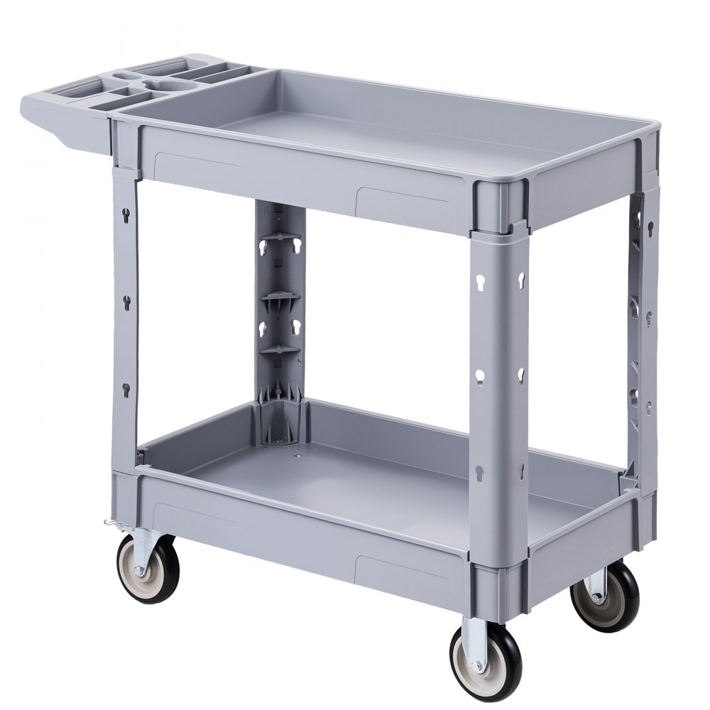 VEVOR Utility Cart, 550 lbs Capacity, 2 Tier Service Cart with 360° Swivel & Fixed Wheels (2 with Brakes), Heavy Duty Plastic Rolling with Storage Tray, Tool Storage for Garage Warehouse Workshop