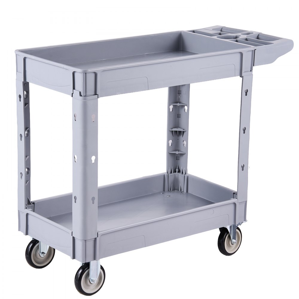 VEVOR Utility Cart, 550 lbs Capacity, 2 Tier Service Cart with 360° Swivel & Fixed Wheels (2 with Brakes), Heavy Duty Plastic Rolling with Storage Tray, Tool Storage for Garage Warehouse Workshop