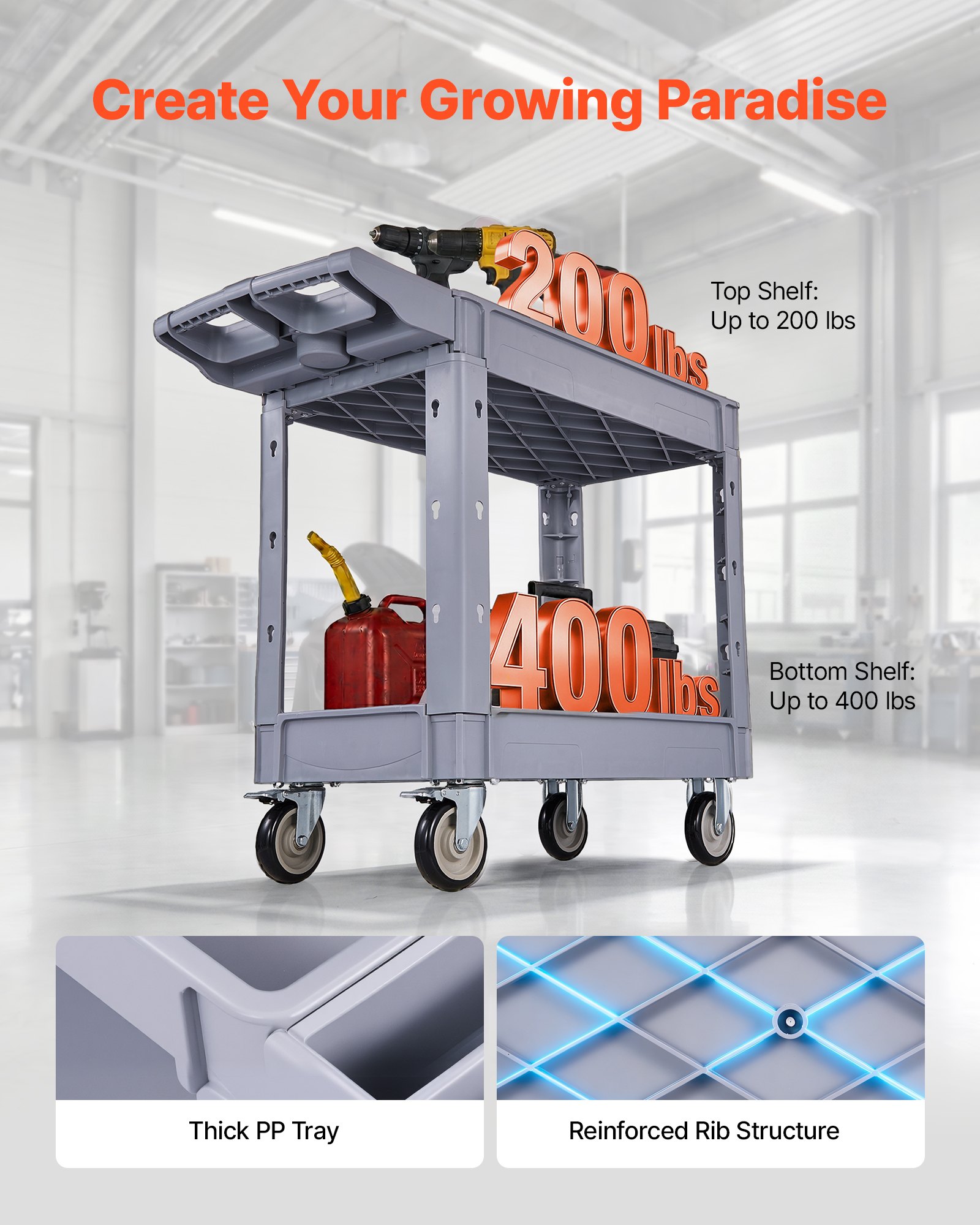 VEVOR Utility Cart, 250 kg Capacity, 2 Tier Service Cart with 360° Swivel and Fixed Wheels (2 with Brakes), Heavy Duty Plastic Rolling with Storage Tray, Tool Storage for Garage Warehouse Workshop