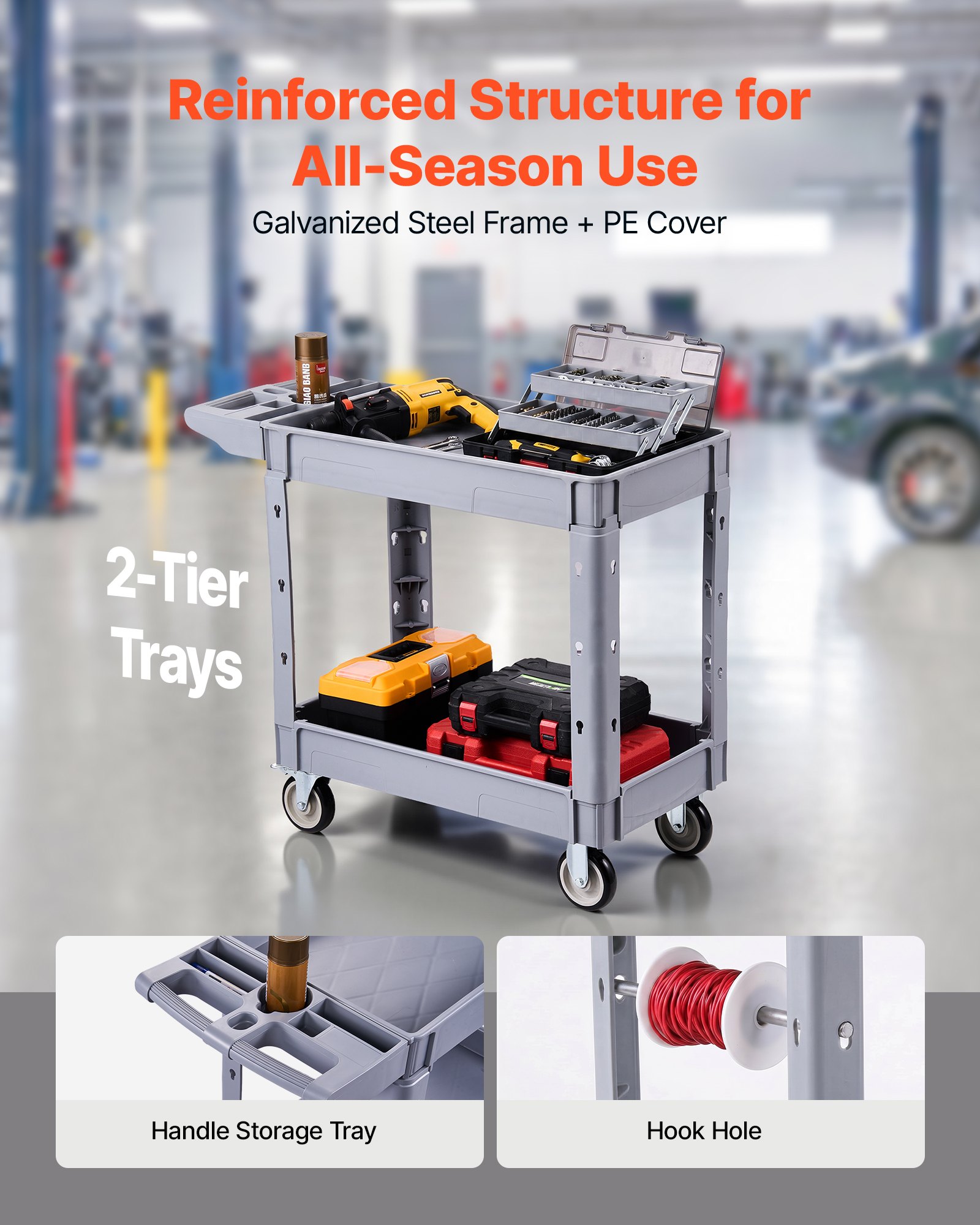 VEVOR Utility Cart, 250 kg Capacity, 2 Tier Service Cart with 360° Swivel and Fixed Wheels (2 with Brakes), Heavy Duty Plastic Rolling with Storage Tray, Tool Storage for Garage Warehouse Workshop