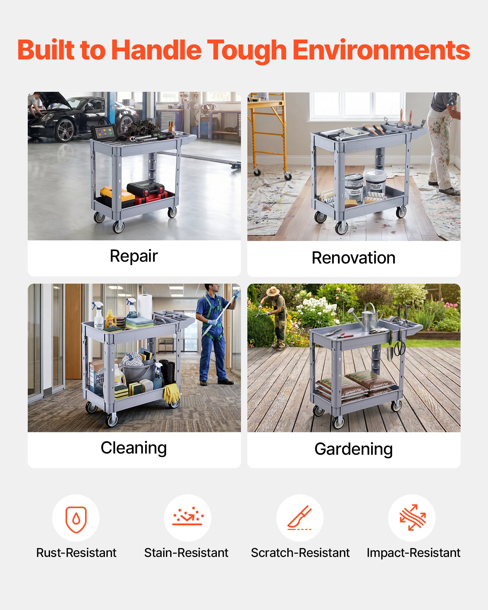 VEVOR Utility Cart, 250 kg Capacity, 2 Tier Service Cart with 360° Swivel and Fixed Wheels (2 with Brakes), Heavy Duty Plastic Rolling with Storage Tray, Tool Storage for Garage Warehouse Workshop