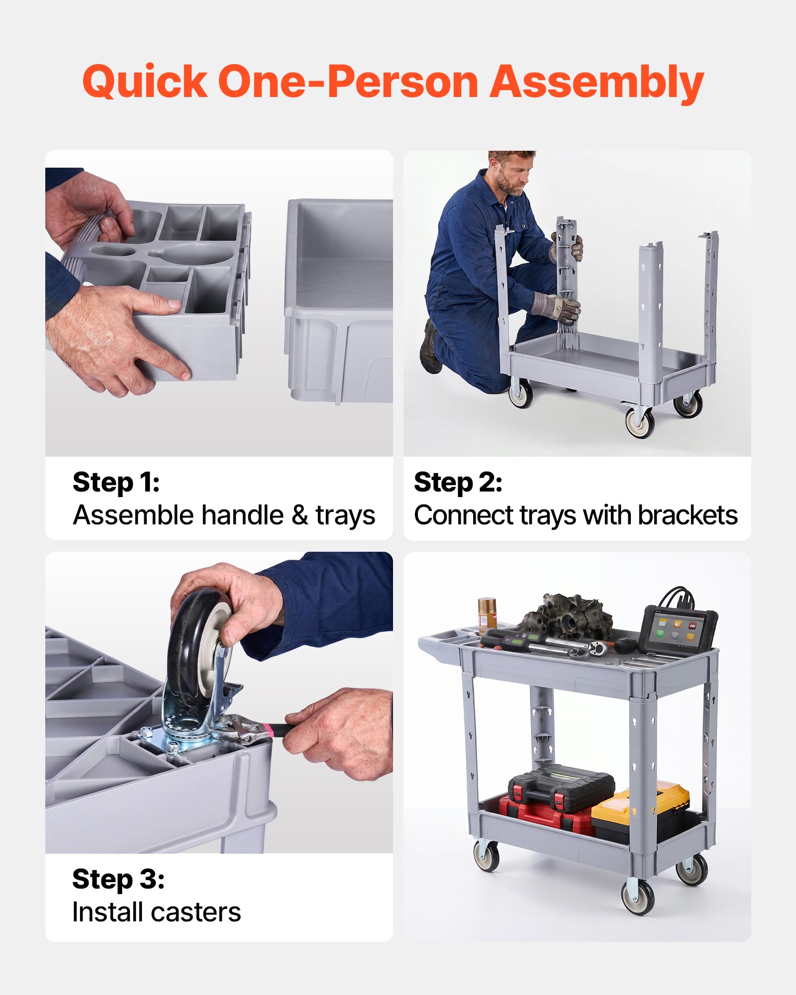 VEVOR Utility Cart, 250 kg Capacity, 2 Tier Service Cart with 360° Swivel and Fixed Wheels (2 with Brakes), Heavy Duty Plastic Rolling with Storage Tray, Tool Storage for Garage Warehouse Workshop