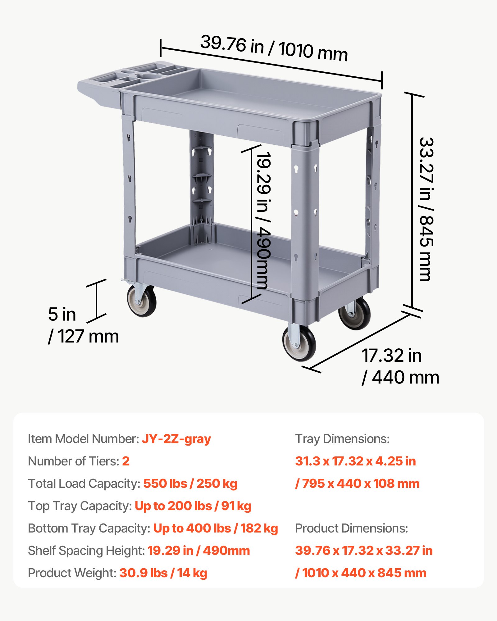 VEVOR Utility Cart, 250 kg Capacity, 2 Tier Service Cart with 360° Swivel and Fixed Wheels (2 with Brakes), Heavy Duty Plastic Rolling with Storage Tray, Tool Storage for Garage Warehouse Workshop