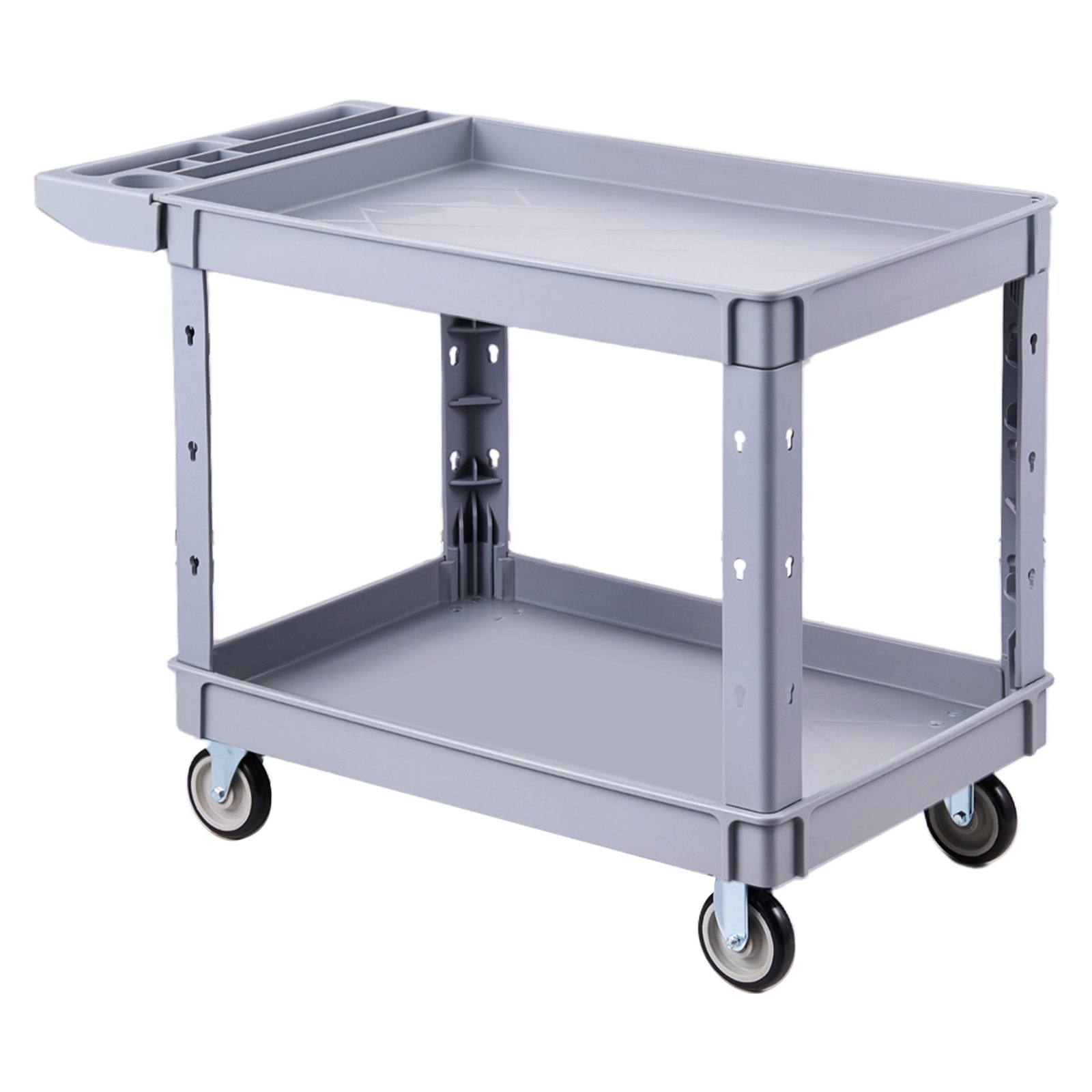 VEVOR Utility Cart, 550 lbs Capacity, 2 Tier Service Cart with 360° Swivel & Fixed Wheels (2 with Brakes), Heavy Duty Plastic Rolling with Storage Tray, Tool Storage for Garage Warehouse Workshop Gray