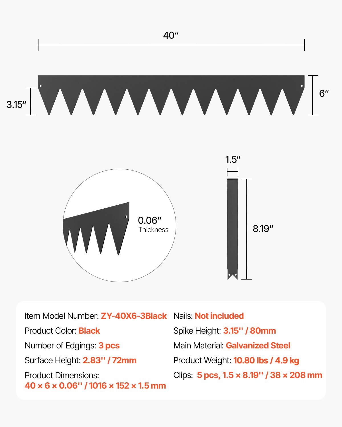 VEVOR Steel Landscape Edging, 3 Packs 1016 x 152 mm Rust-Resistant Metal Landscape Edging, Bendable Garden Edging Border, Heavy Duty Lawn Edging, Easy-to-Install, Flower Bed Yard Pathway Divider Black