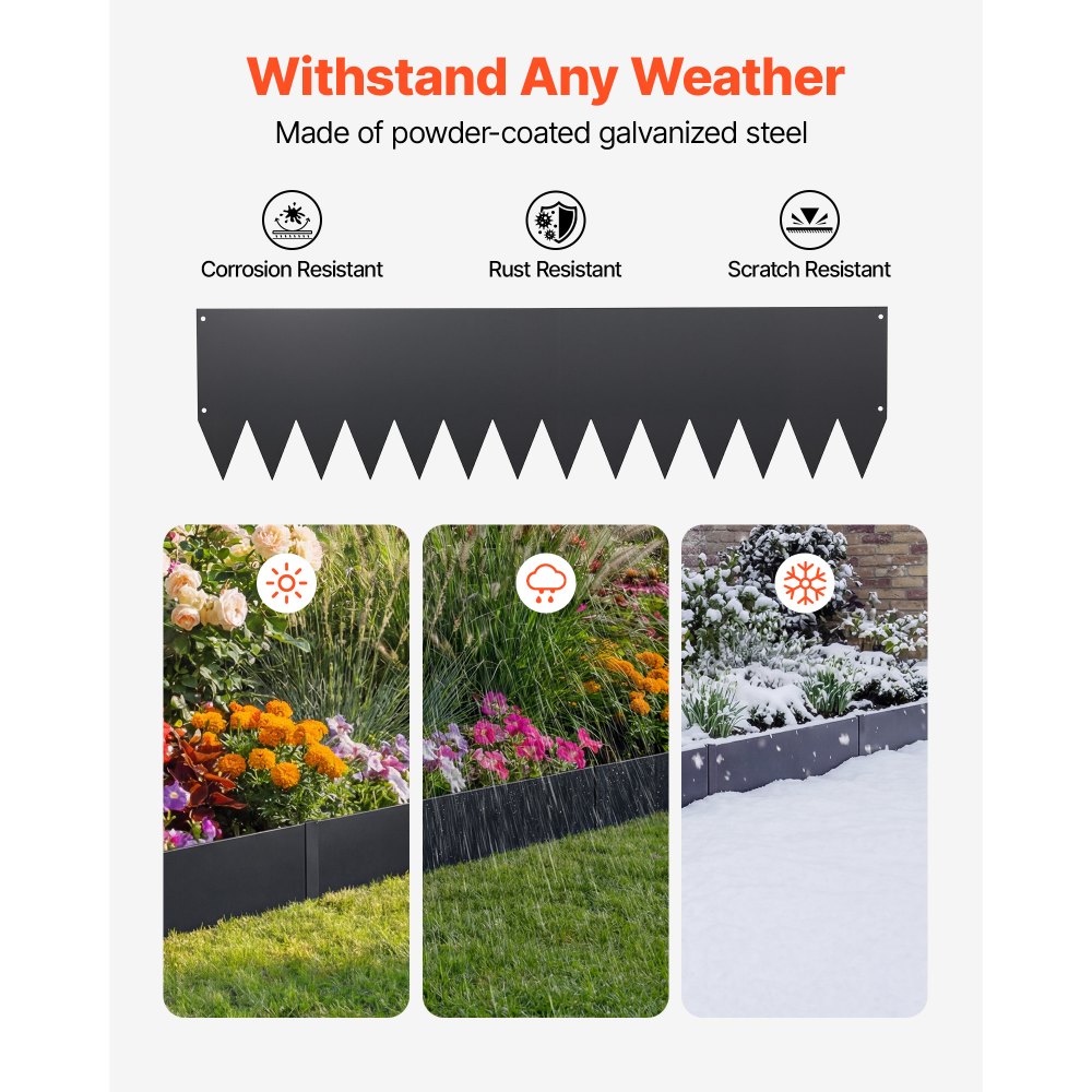 VEVOR Galvanized Steel Landscape Edging, 6-Pack 1016 x 254 mm Metal Edging for Landscaping with 8 Mounting Clips, Heavy Duty Metal Garden Edge Border for Flower Bed, Yard Pathway, Black