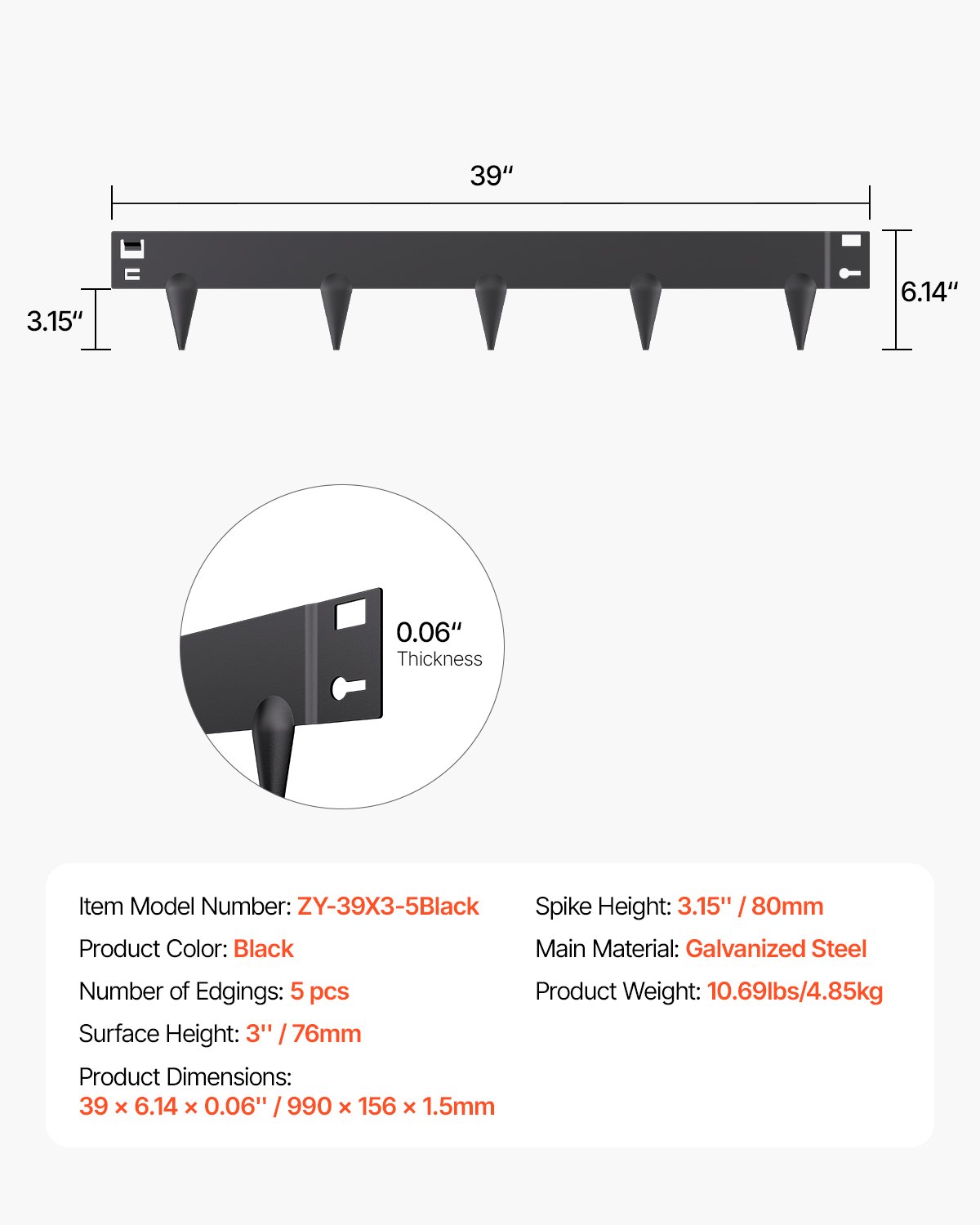 VEVOR Steel Landscape Edging, 5 Packs 990 x 156 mm Rust-Resistant Metal Landscape Edging, Bendable Garden Edging Border, Heavy Duty Lawn Edging, Easy-to-Install, Flower Bed Yard Pathway Divider Black