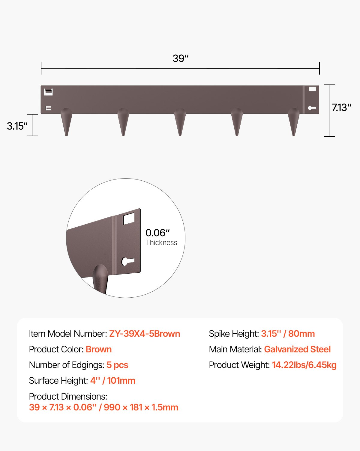 VEVOR Steel Landscape Edging, 5 Packs 990 x 181 mm Rust-Resistant Metal Landscape Edging, Bendable Garden Edging Border, Heavy Duty Lawn Edging, Easy-to-Install, Flower Bed Yard Pathway Divider Brown