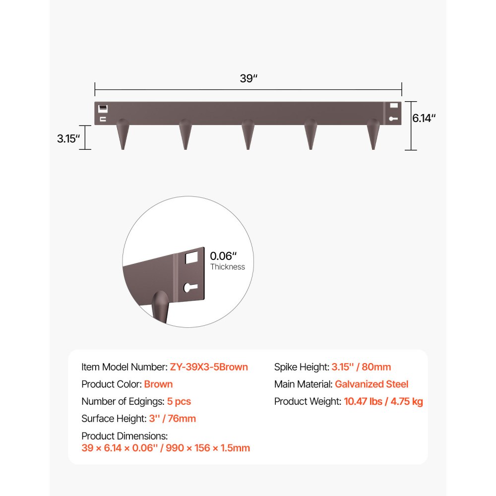 VEVOR Steel Landscape Edging, 5 Packs 39 x 3 in Rust-Resistant Metal Landscape Edging, Bendable Garden Edging Border, Heavy Duty Lawn Edging, Easy-to-Install, Flower Bed Yard Pathway Divider Brown