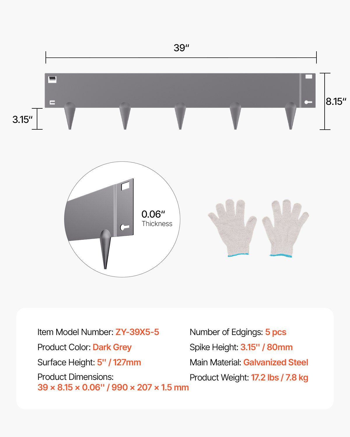 VEVOR Steel Landscape Edging, 5 Packs 990 x 207 mm Rust-Resistant Metal Landscape Edging, Bendable Garden Edging Border, Heavy Duty Lawn Edging, Easy-to-Install, Flower Bed Yard Pathway Divider Dark Gray