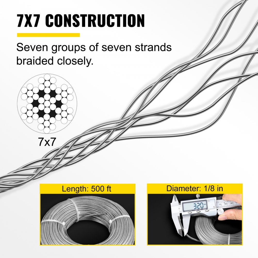 VEVOR Cable de acero galvanizado, cable de avión de 1/8 pulgadas, cable galvanizado de 500 pies, cable de alambre de acero de construcción 7x7 con abrazaderas de cable, resistencia a la rotura de 1760 lb para barandillas, elevación, colgar, cercas