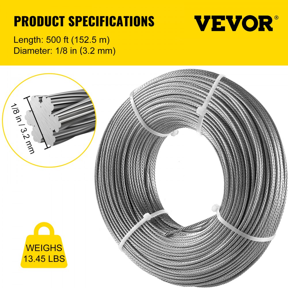 VEVOR Cable de acero galvanizado, cable de avión de 1/8 pulgadas, cable galvanizado de 500 pies, cable de alambre de acero de construcción 7x7 con abrazaderas de cable, resistencia a la rotura de 1760 lb para barandillas, elevación, colgar, cercas