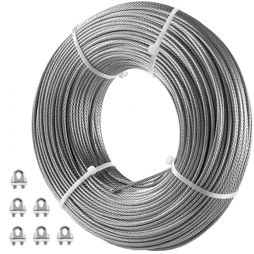 VEVOR Cable de acero galvanizado, cable de avión de 1/8 pulgadas, cable galvanizado de 500 pies, cable de alambre de acero de construcción 7x7 con abrazaderas de cable, resistencia a la rotura de 1760 lb para barandillas, elevación, colgar, cercas