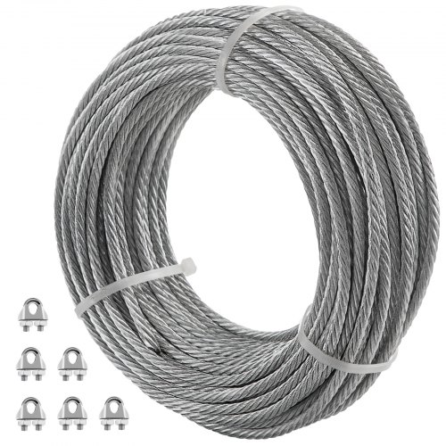 VEVOR Galvanized Steel Cable, 3/16\'\' Aircraft Cable, 249ft Galvanized Cable 7x19 Construction Steel Wire Cable w/Cable Clamps, 4400lb Breaking Strength for Railing Decking, Lifting, Hanging, Fencing