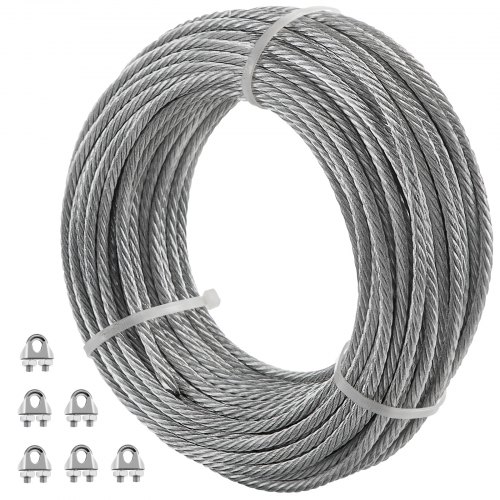 VEVOR Galvanized Steel Cable, 3/16'' Aircraft Cable, 249ft Galvanized Cable 7x19 Construction Steel Wire Cable w/Cable Clamps, 4400lb Breaking Strength for Railing Decking, Lifting, Hanging, Fencing