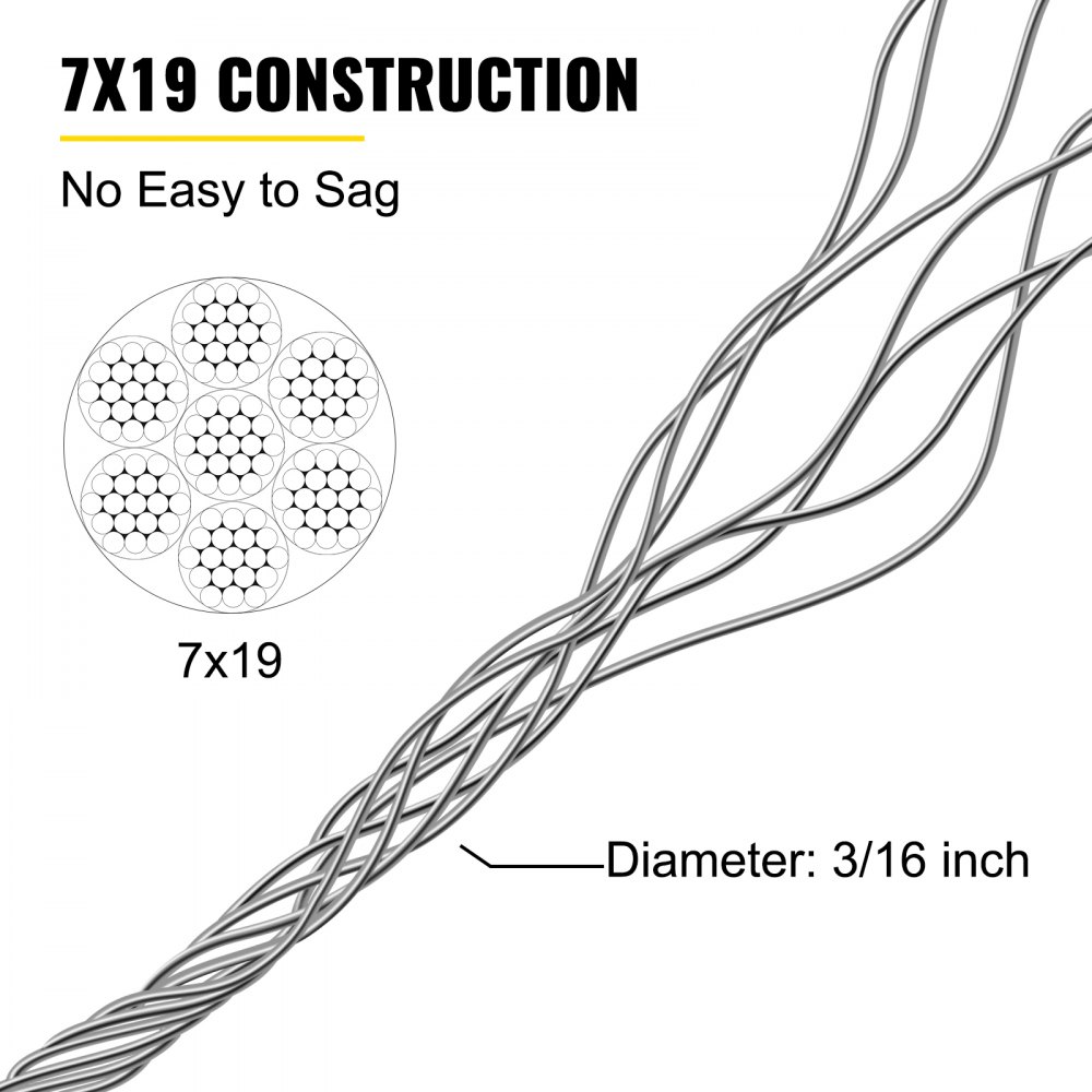 VEVOR Galvanized Steel Cable, 3/16'' Aircraft Cable, 249ft Galvanized Cable 7x19 Construction Steel Wire Cable w/Cable Clamps, 4400lb Breaking Strength for Railing Decking, Lifting, Hanging, Fencing