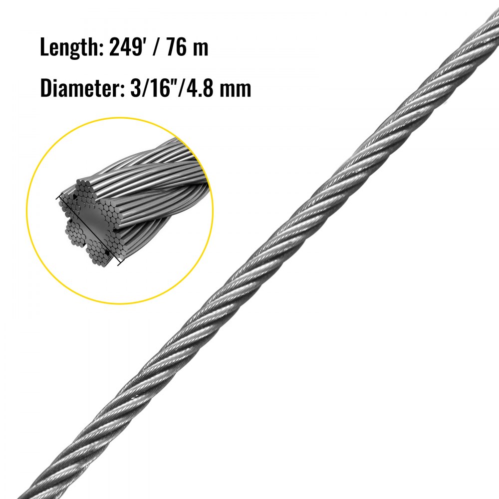 VEVOR Galvanized Steel Cable, 3/16'' Aircraft Cable, 249ft Galvanized Cable 7x19 Construction Steel Wire Cable w/Cable Clamps, 4400lb Breaking Strength for Railing Decking, Lifting, Hanging, Fencing