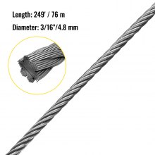 VEVOR Galvanized Steel Cable, 3/16\'\' Aircraft Cable, 249ft Galvanized Cable 7x19 Construction Steel Wire Cable w/Cable Clamps, 4400lb Breaking Strength for Railing Decking, Lifting, Hanging, Fencing
