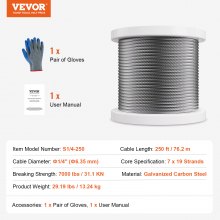 VEVOR Carbon Steel Cable 6.35 mm 7 x 19 Steel Wire Rope 76.2 m Cable Railing