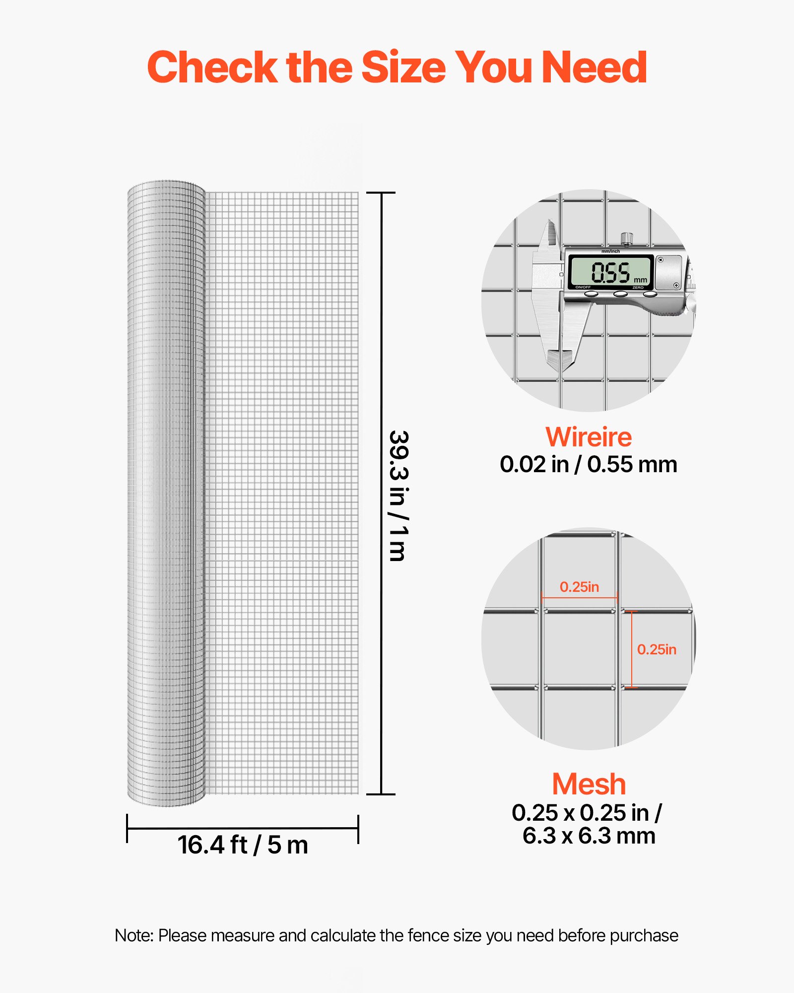 VEVOR Hardware Cloth, 6.3 mm 1 x 5 m 0.55 mm Diameter Chicken Wire Fence, Hot-Dip Galvanized After Welding Metal Wire Mesh Roll, Garden Plant Welded Fencing Roll, Supports Poultry Netting Cage Fence