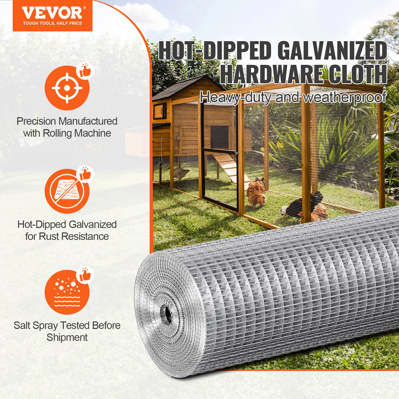 VEVOR Hardware Cloth 12.7 mm 610 mm x 7.62 m 19 Gauge Chicken Wire Fence, Hot-Dip Galvanized After Welding Metal Wire Mesh Roll, Garden Plant Welded Fencing Roll Supports Poultry Netting Cage Fence