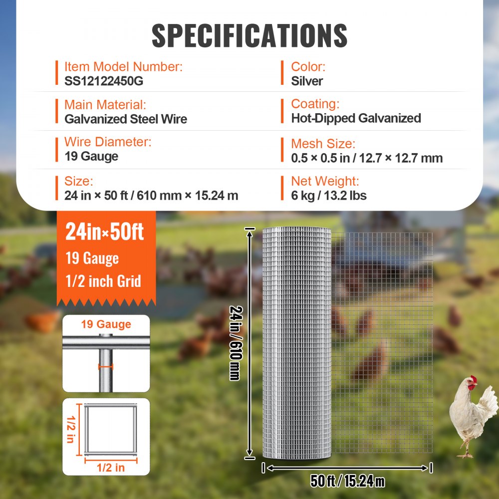VEVOR Hardware Cloth 12.7 mm 610 mm x 15.24 m 19 Gauge Chicken Wire Fence, Hot-Dip Galvanized After Welding Metal Wire Mesh Roll, Garden Plant Welded Fencing Roll Supports Poultry Netting Cage Fence