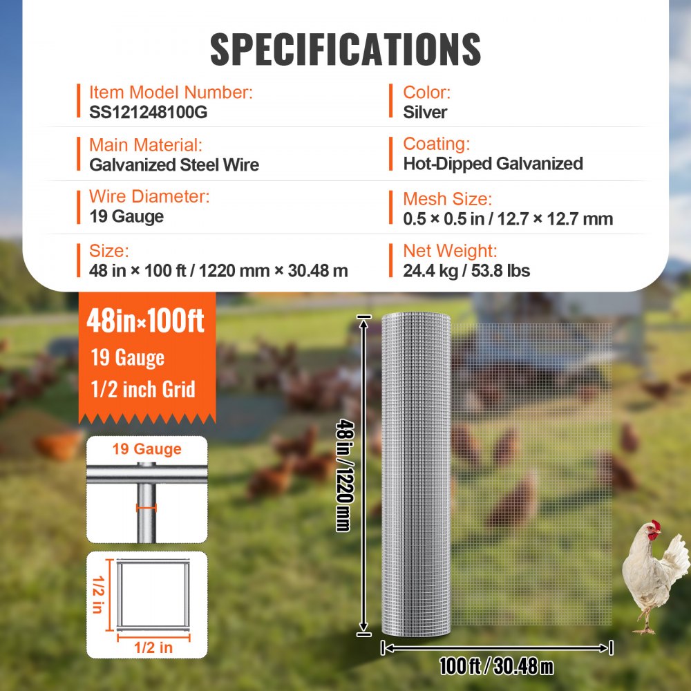 VEVOR Hardware Cloth 12.7 mm 1220 mm x 30.48 m 19 Gauge Chicken Wire Fence, Hot-Dip Galvanized After Welding Metal Wire Mesh Roll, Garden Plant Welded Fencing Roll Supports Poultry Netting Cage Fence