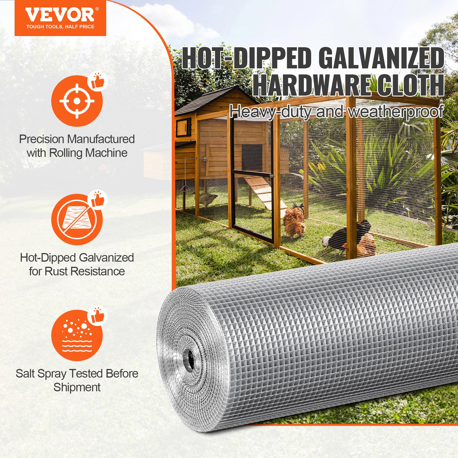 VEVOR Hardware Cloth 6.35 mm 915 mm x 15.24 m 23 Gauge Chicken Wire Fence, Hot-Dip Galvanized After Welding Metal Wire Mesh Roll, Garden Plant Welded Fencing Roll Supports Poultry Netting Cage Fence