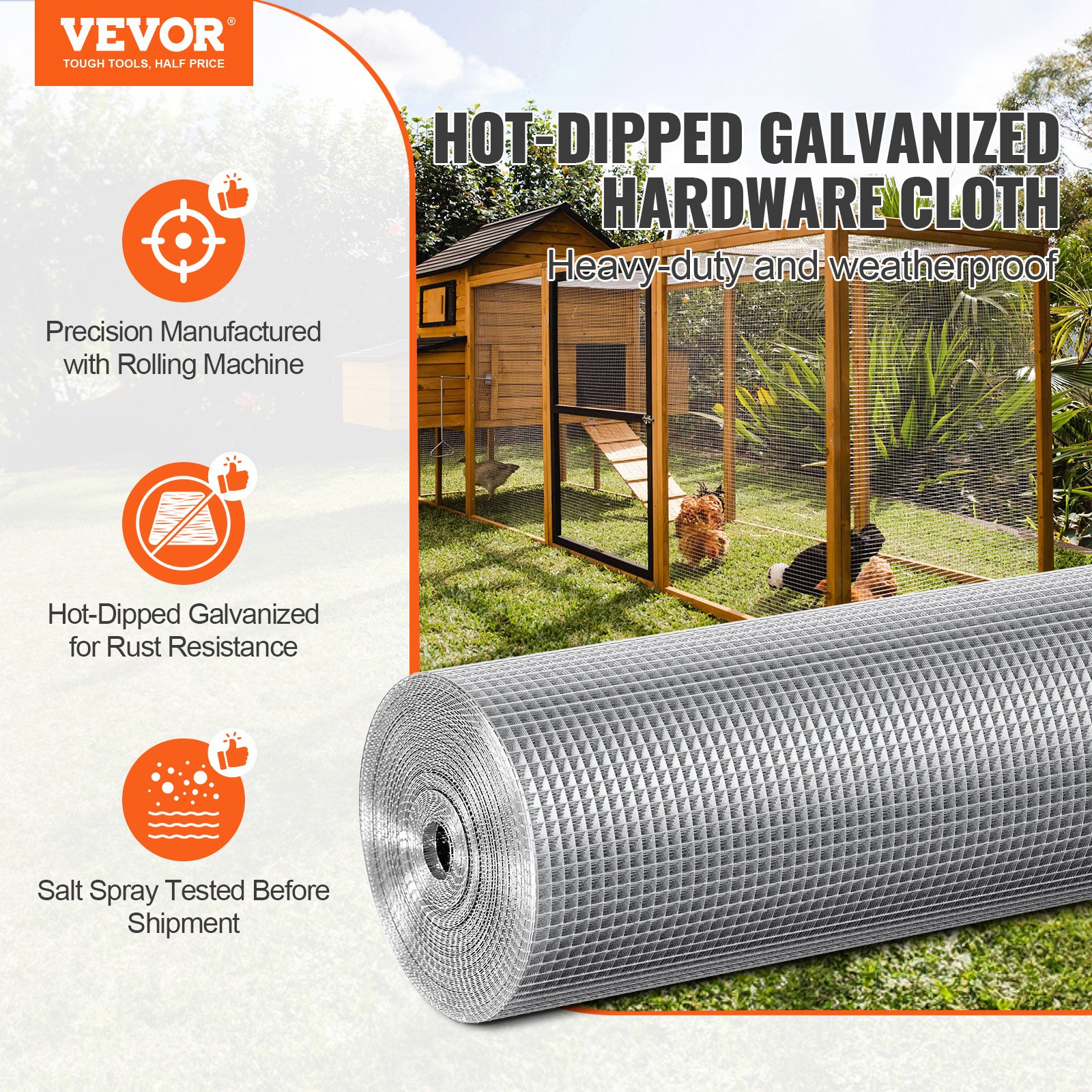 VEVOR Hardware Cloth 6.35 mm 1220 mm x 15.24 m 23 Gauge Chicken Wire Fence, Hot-Dip Galvanized After Welding Metal Wire Mesh Roll, Garden Plant Welded Fencing Roll Supports Poultry Netting Cage Fence
