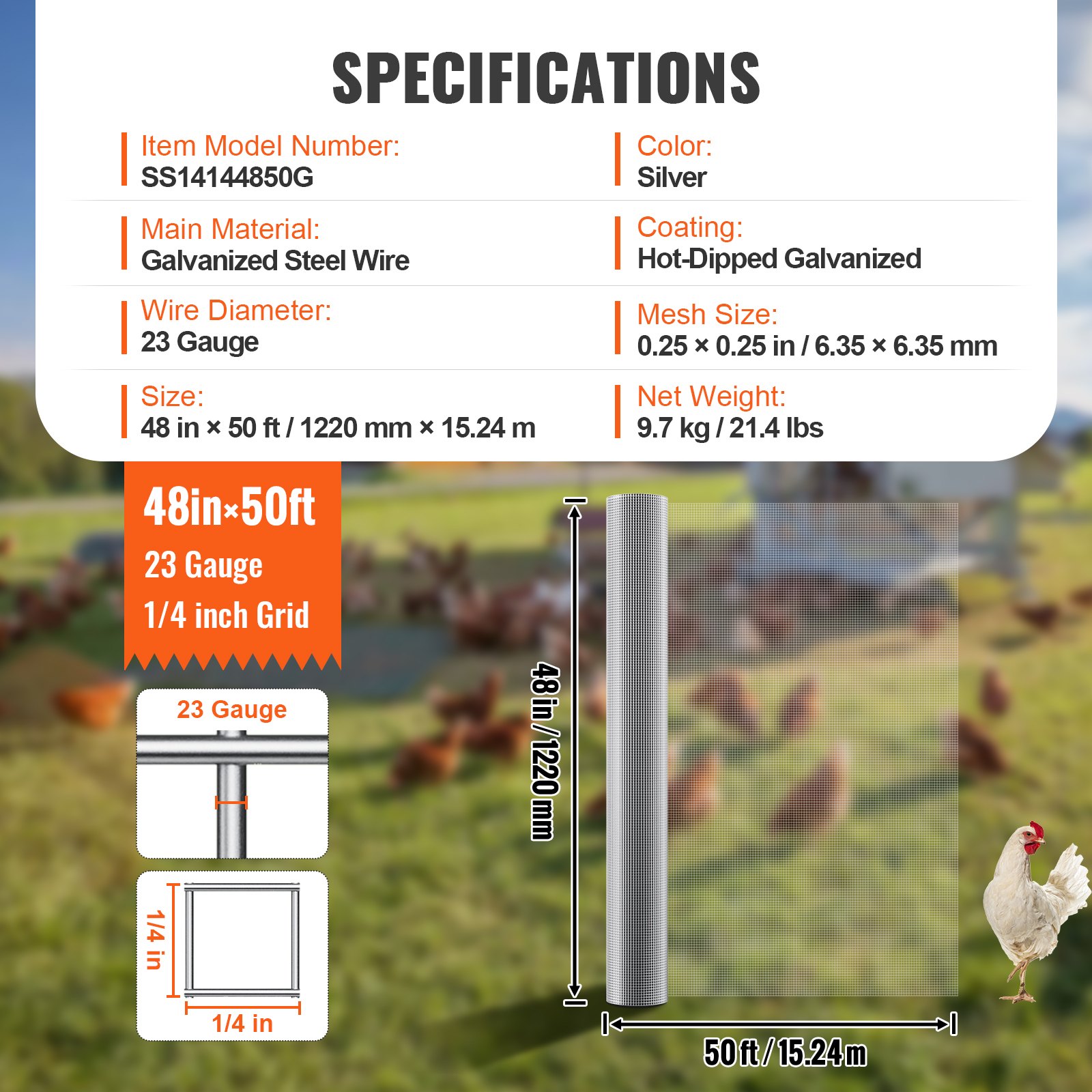 VEVOR Hardware Cloth 6.35 mm 1220 mm x 15.24 m 23 Gauge Chicken Wire Fence, Hot-Dip Galvanized After Welding Metal Wire Mesh Roll, Garden Plant Welded Fencing Roll Supports Poultry Netting Cage Fence