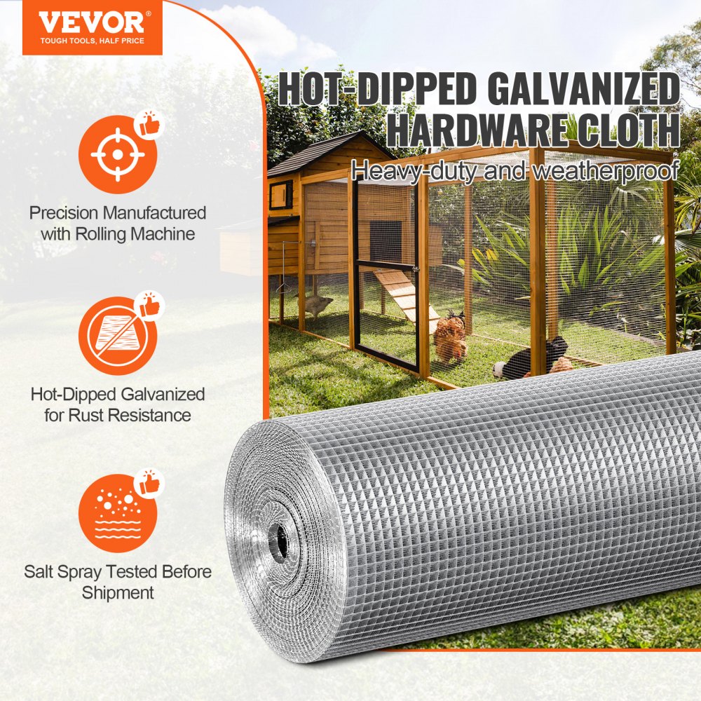VEVOR Hardware Cloth 6.35 mm 1220 mm x 30.48 m 23 Gauge Chicken Wire Fence, Hot-Dip Galvanized After Welding Metal Wire Mesh Roll, Garden Plant Welded Fencing Roll Supports Poultry Netting Cage Fence