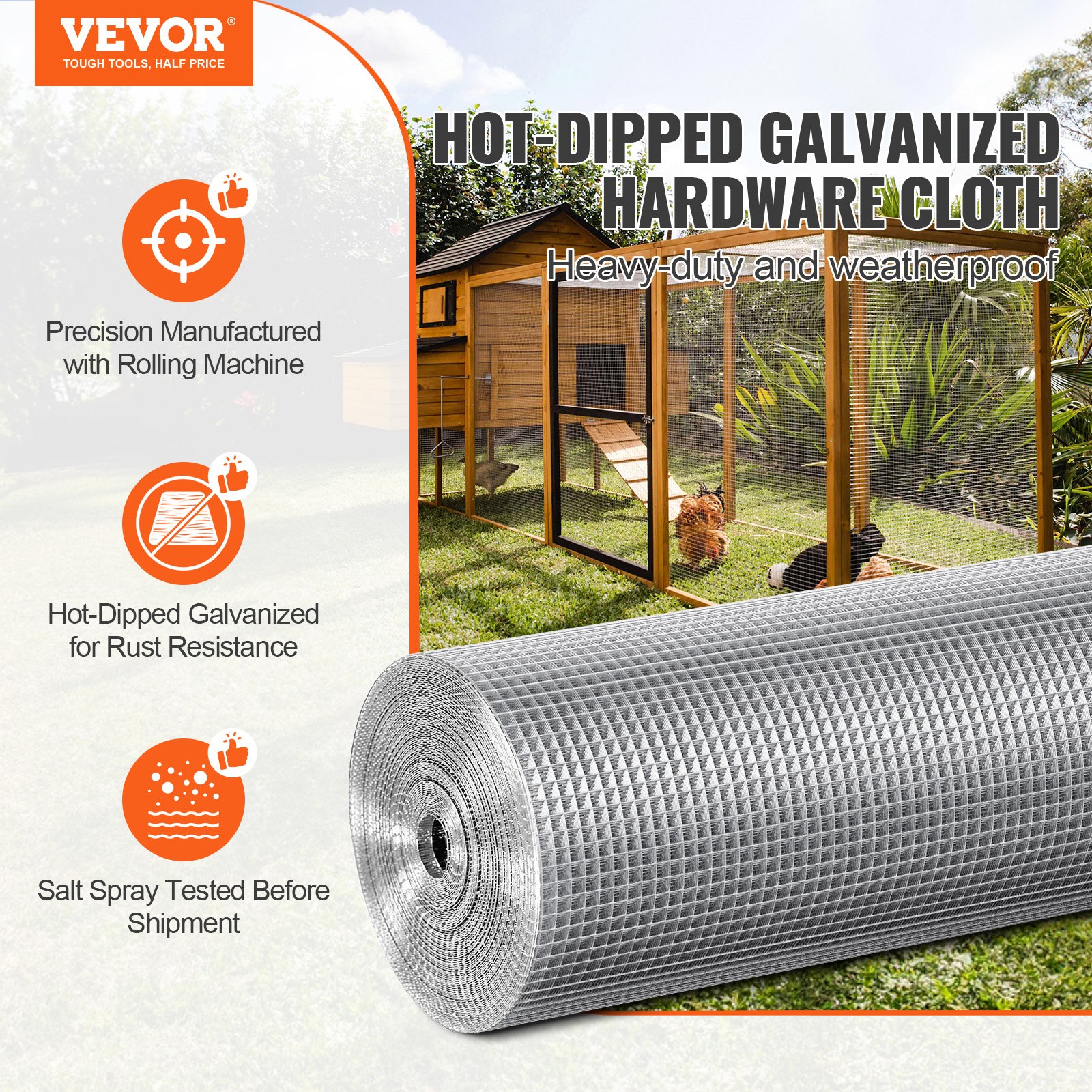 VEVOR Hardware Cloth 6.35 mm 1220 mm x 30.48 m 23 Gauge Chicken Wire Fence, Hot-Dip Galvanized After Welding Metal Wire Mesh Roll, Garden Plant Welded Fencing Roll Supports Poultry Netting Cage Fence