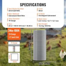 VEVOR Hardware Cloth, 1/2 inch 24in x 100 ft 19 Gauge, Hot Dipped Galvanized Wire Mesh Roll, Chicken Wire Fencing, Wire Mesh for Rabbit Cages, Garden, Small Rodents