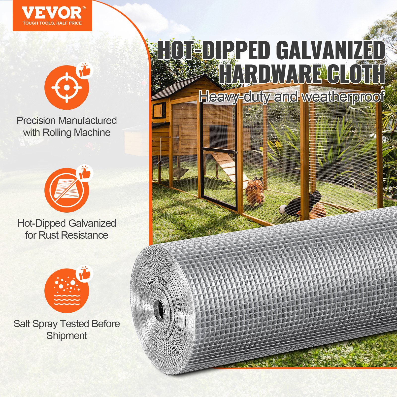 VEVOR Hardware Cloth, 6.35mm 915mmx30.48m 23 Gauge, Hot Dipped Galvanized Wire Mesh Roll, Chicken Wire Fencing, Wire Mesh for Rabbit Cages, Garden, Small Rodents