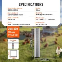 VEVOR Hardware Cloth, 1/2 inch 36in x 50 ft 19 Gauge, Hot Dipped Galvanized Wire Mesh Roll, Chicken Wire Fencing, Wire Mesh for Rabbit Cages, Garden, Small Rodents