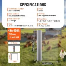 VEVOR Hardware Cloth, 1/4 inch 48in x 100 ft 23 Gauge, Hot Dipped Galvanized Wire Mesh Roll, Chicken Wire Fencing, Wire Mesh for Rabbit Cages, Garden, Small Rodents