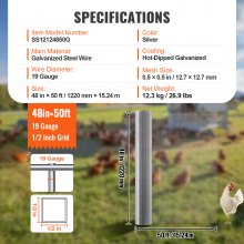 Ύφασμα VEVOR Hardware 1/2" 48 ιντσών x 50 πόδια 19 Ga Wire Mesh Roll Chicken περίφραξη