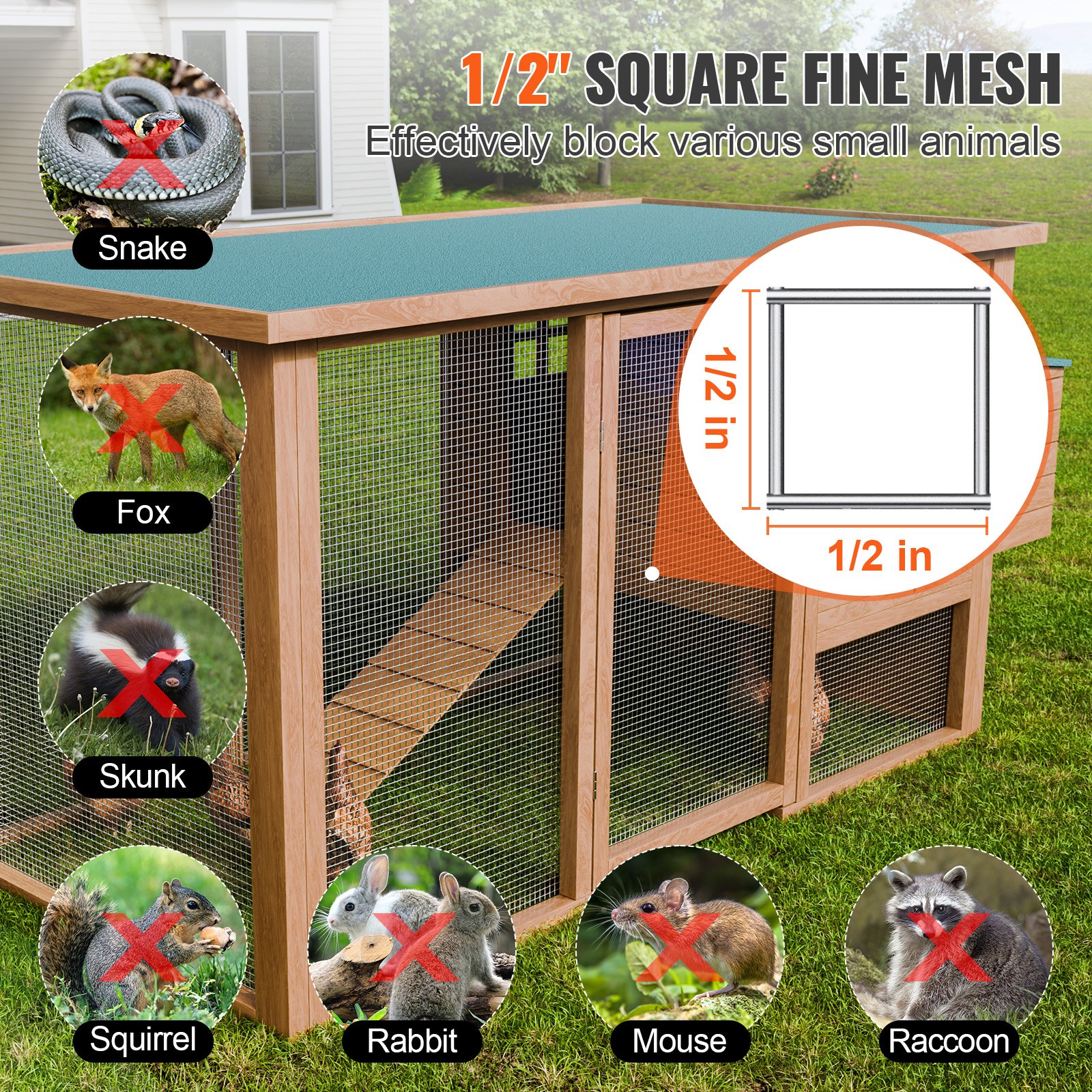1/2&quot; square fine mesh VEVOR hardware cloth, wooden frame blocking snake, fox, skunk, squirrel, rabbit, mouse, raccoon.