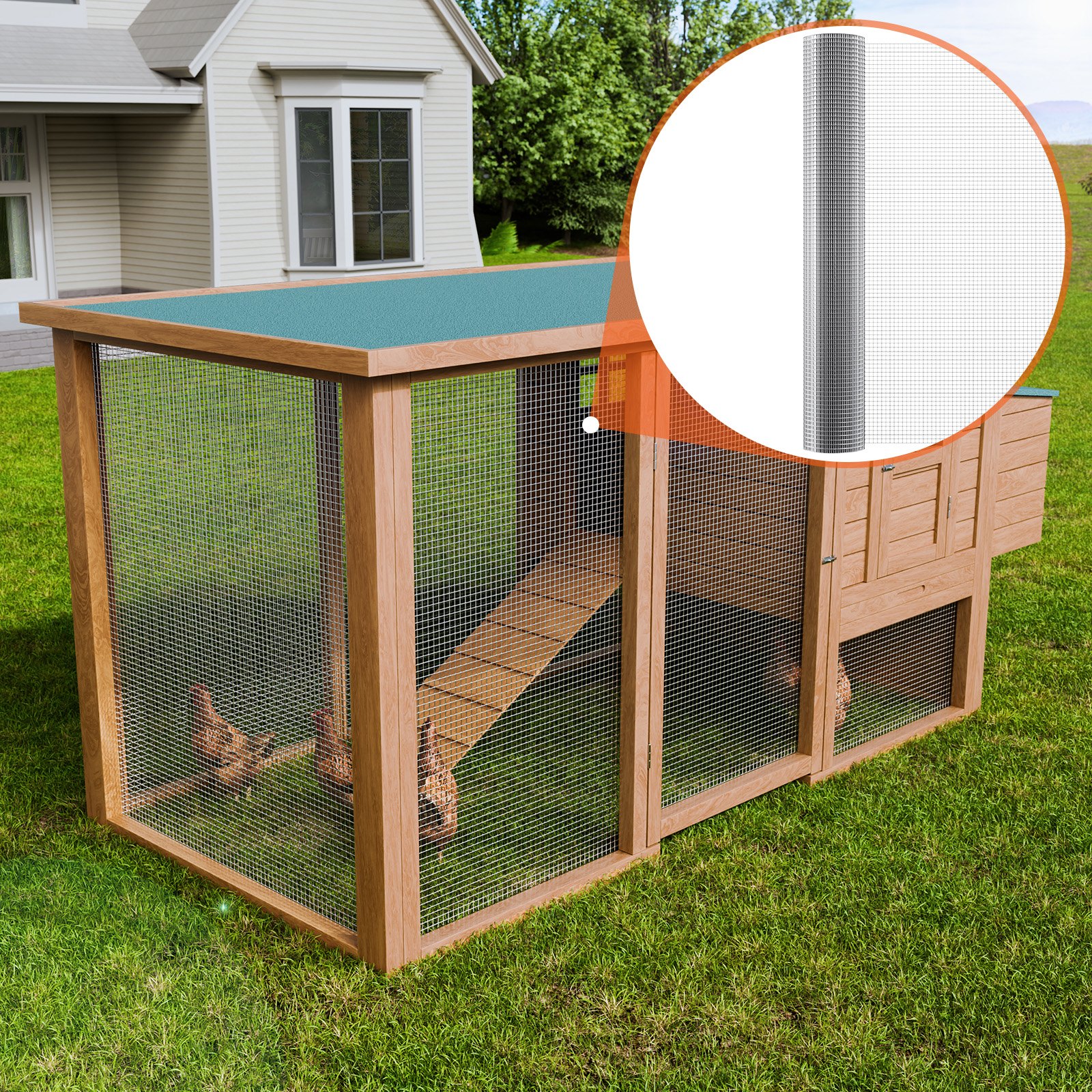 chicken coop in a backyard with VEVOR hardware cloth mesh surrounding the enclosure for security.