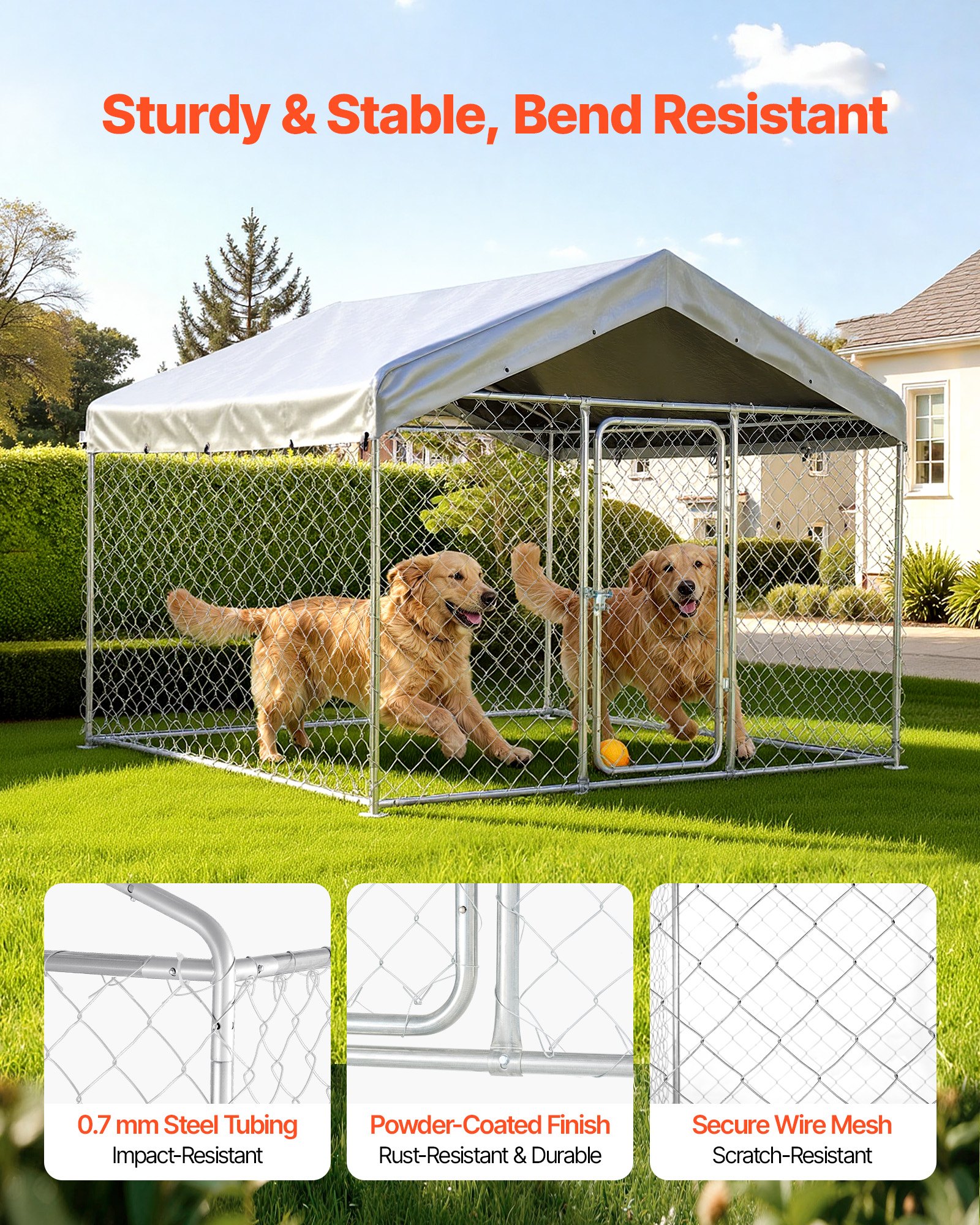 VEVOR Outdoor Dog Kennel, 2 x 2 x 1.6 m Large Dog Kennel with Secure Lock, Outside Dogs Enclosures with UV-Resistant & Waterproof Roof Cover, Heavy Duty Pet Crate Cage Run for Large Dogs