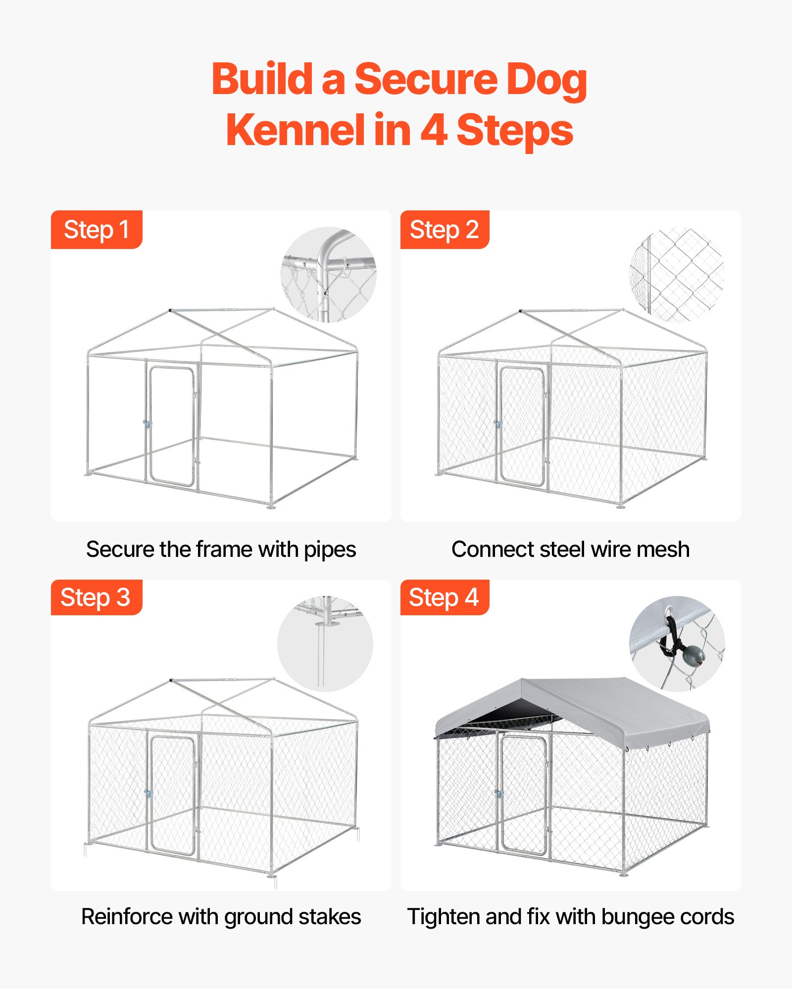 VEVOR Outdoor Dog Kennel, 2 x 2 x 1.6 m Large Dog Kennel with Secure Lock, Outside Dogs Enclosures with UV-Resistant & Waterproof Roof Cover, Heavy Duty Pet Crate Cage Run for Large Dogs