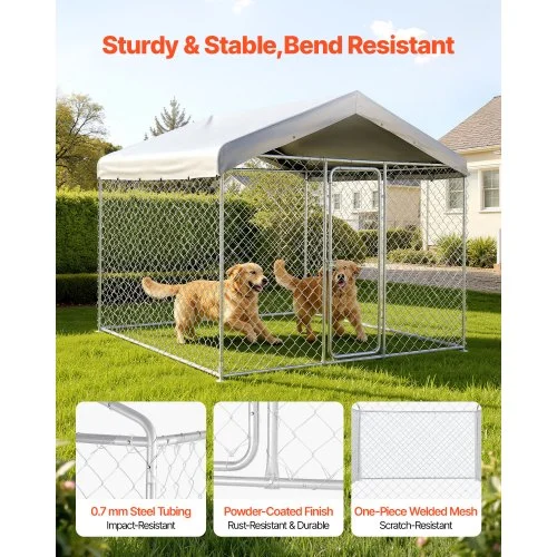 7.5x7.5FT Outdoor Dog Kennel - Heavy Duty Galvanized Metal Enclosure With Waterproof Cover - 90x90 Inches