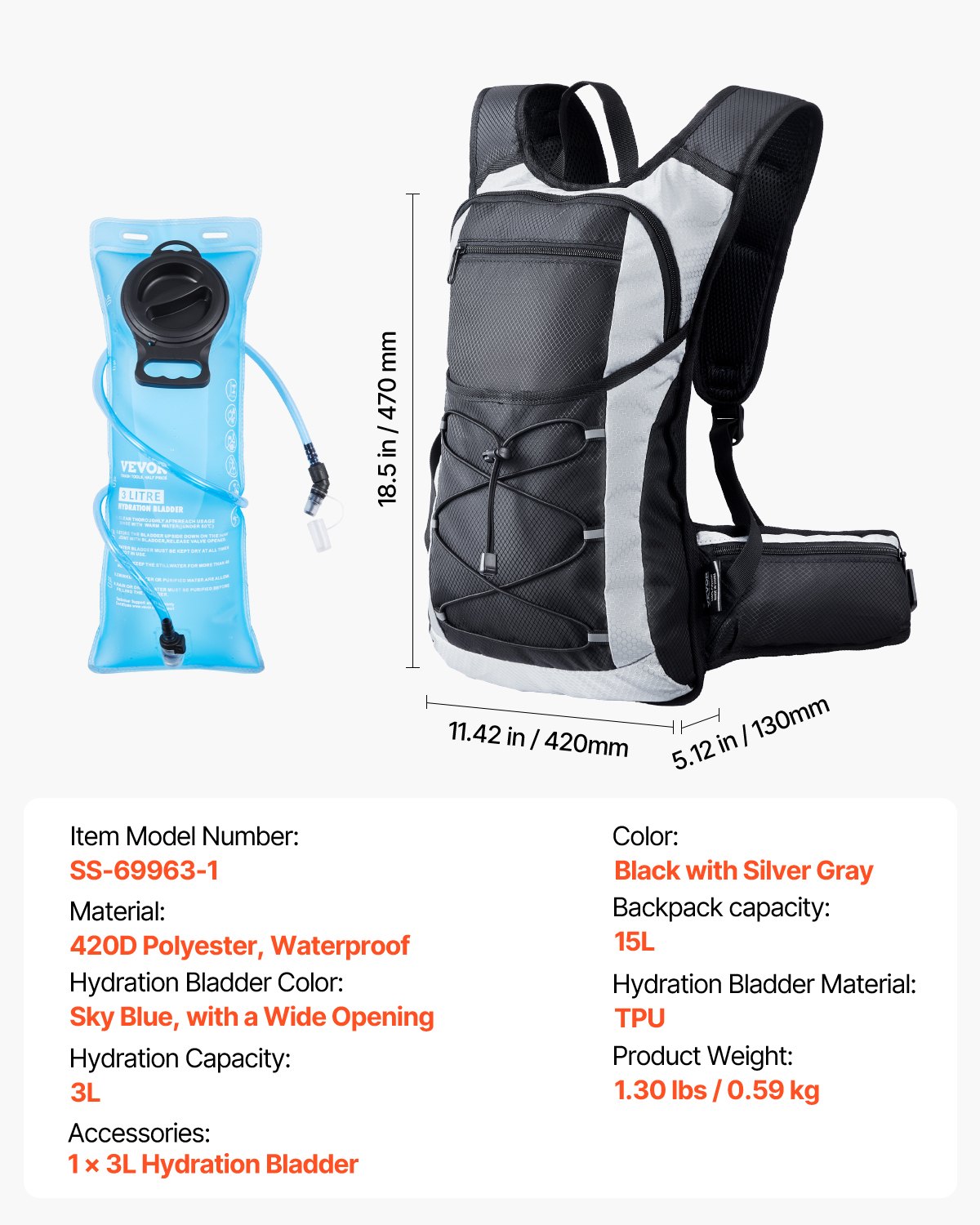 VEVOR Hydration Backpack, 15L Insulated Hydration Pack Backpack with 3L TPU Water Bladder, Hiking Water Backpack with Storage for Men Women, Hydro Water Daypack for Hiking Runnin Hiking Cycling Camping