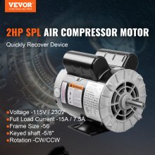 VEVOR 2HP SPL Air Compressor Motor, 115/230V, 15/7.5 Amps Electric Motor, 3450RPM 56 Frame, 5/8" Keyed Shaft, 1.88" Shaft Length for Air Compressors, CW/CCW Rotation
