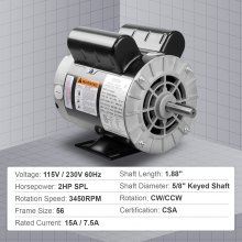 VEVOR 2HP SPL Air Compressor Motor, 115/230V, 15/7.5 Amps Electric Motor, 3450RPM 56 Frame, 5/8" Keyed Shaft, 1.88" Shaft Length for Air Compressors, CW/CCW Rotation