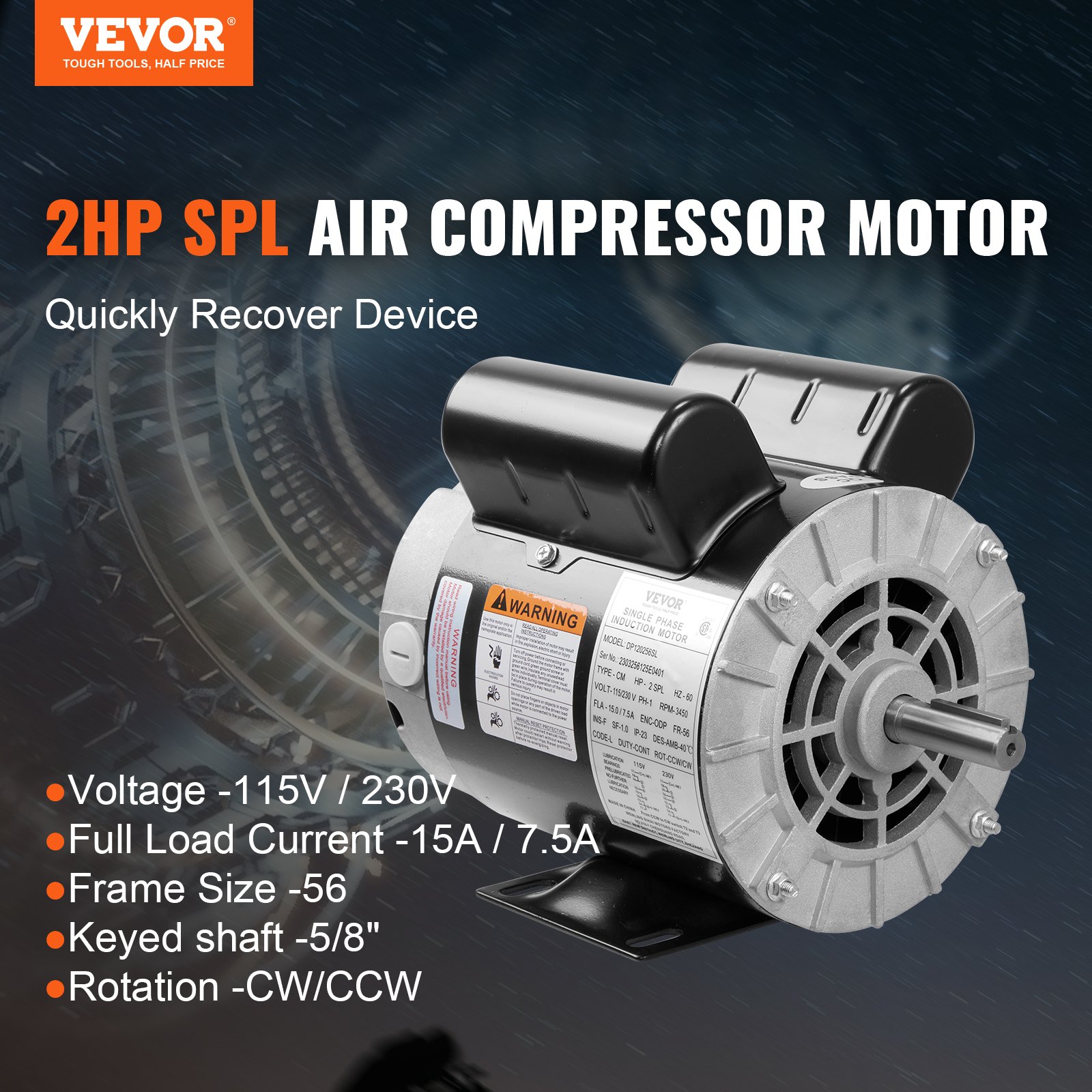 VEVOR 2HP SPL Motor for Air Compressors, Dual Voltage 115/230V, 15/7.5A, 3450RPM, 56 Frame, 5/8" Shaft with Key, 1.88" Shaft Length, Supports CW/CCW Direction