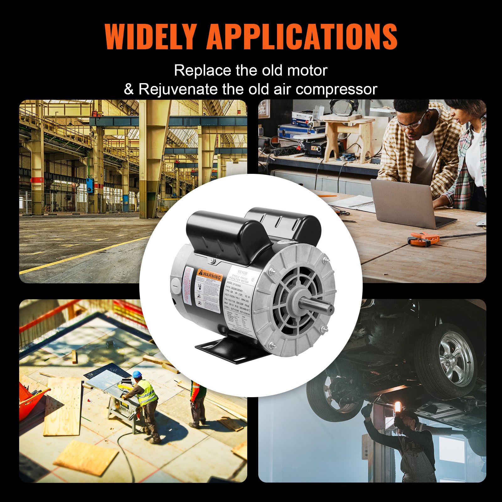 VEVOR 2HP SPL Motor for Air Compressors, Dual Voltage 115/230V, 15/7.5A, 3450RPM, 56 Frame, 5/8" Shaft with Key, 1.88" Shaft Length, Supports CW/CCW Direction