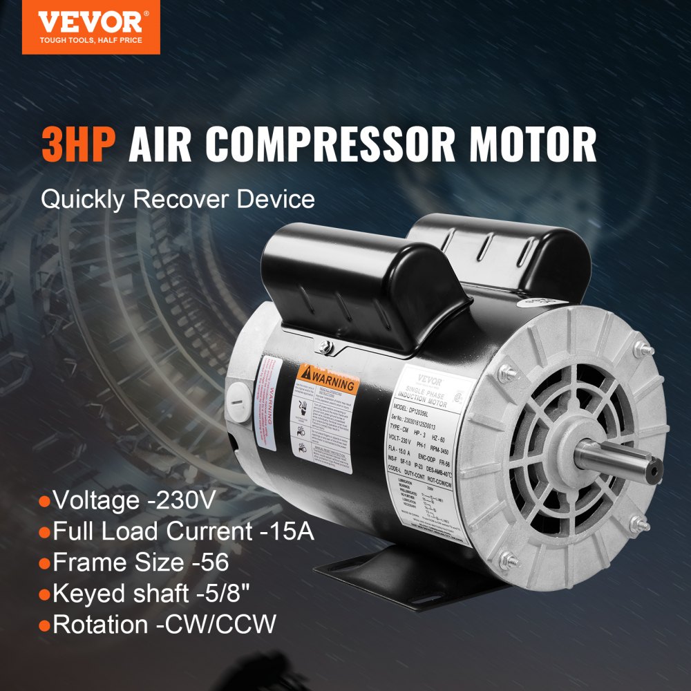 VEVOR 3HP Air Compressor Electric Motor, 230V 15 Amps, 56 Frame 3450RPM, 5/8