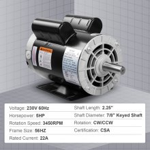 VEVOR 5HP Air Compressor Motor, 230V 22 Amps Electric Motor, 3450RPM 56HZ Frame, 7/8" Keyed Shaft, 2.25" Shaft Length for Air Compressors, CW/CCW Rotation