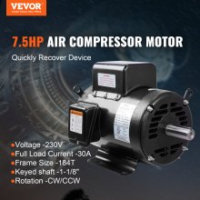 VEVOR 7.5HP Air Compressor Motor, 230V 30 Amps Electric Motor, 3450RPM 184T Frame, 1-1/8" Keyed Shaft, 2.75" Shaft Length for Air Compressors, CW/CCW Rotation